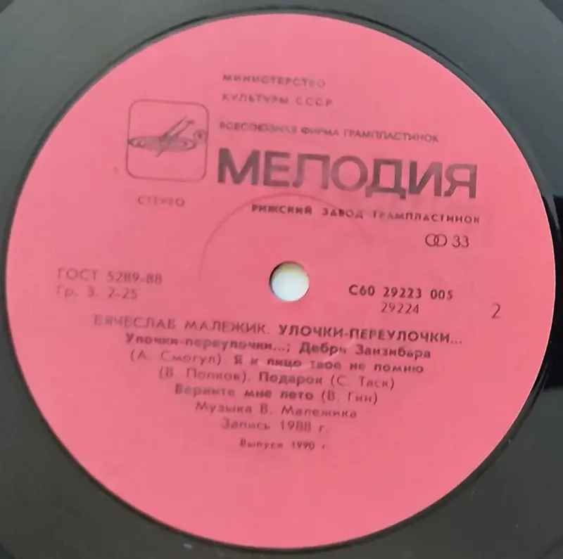 Грампластинка 'Вячеслав Малежик - Улочки-переулочки...' (1990)
