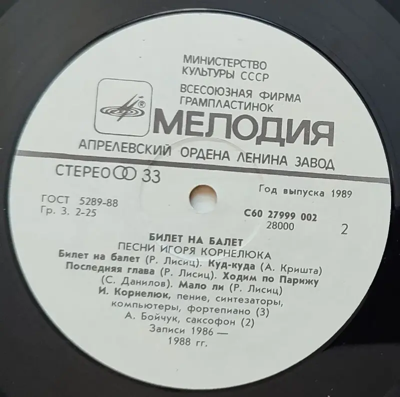 Грампластинка 'Песни Игоря Корнелюка - Билет на балет' (1989)