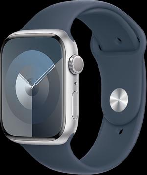 Apple Watch Series 9 45 мм (алюминиевый корпус, серебристый/штормовой синий спортивный силиконовый) MR9E3