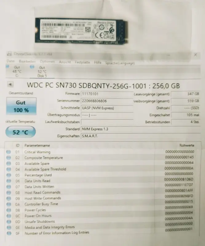 Накопитель SSD M.2 NVMe SKHynix, WDC, 256Gb, 100% здоровья