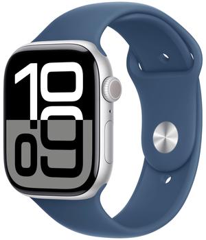 Apple Watch Series 10 46 мм (алюминиевый корпус, серебристый/ синий деним , спортивный силиконовый ремешок S/M) MWWL3