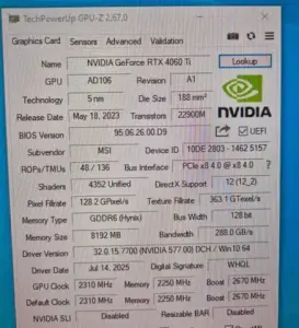 Видеокарта MSI GeForce RTX 4060Ti Gaming X Slim 8g
