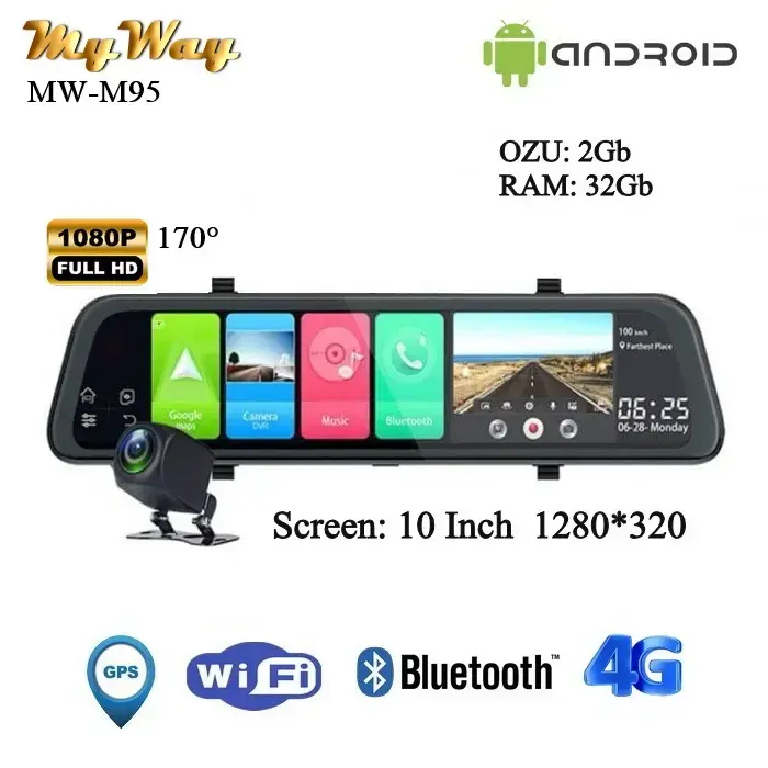Android зеркало и видеорегистратор MyWay MW-M95 + НАВИГАТОР + 4G + WiFi