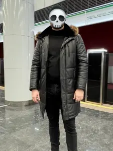 Мужской кожанный удлиненный пуховик 50р-р DAVID MOORE