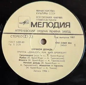 Грампластинка 'Группа 'Диалог' - Ночной дождь' (1987)