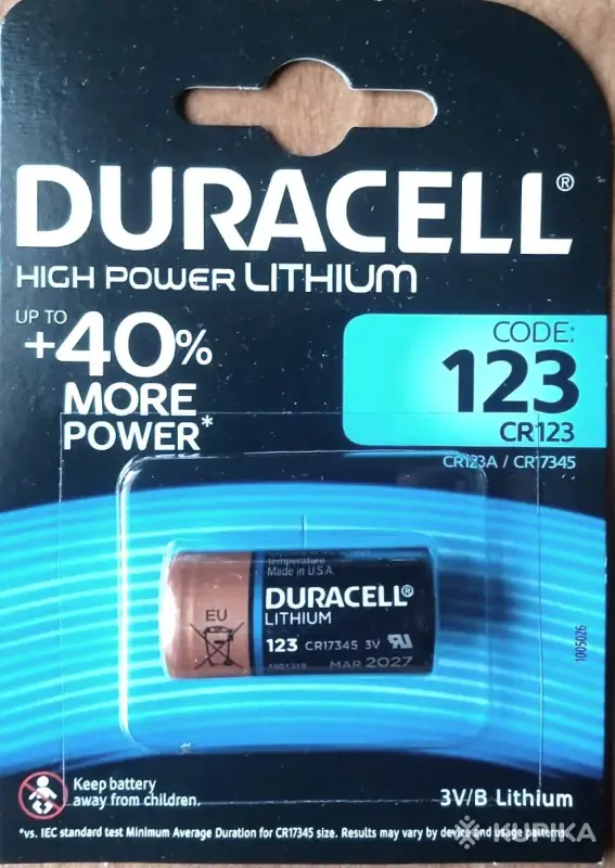 Литиевые батарейки CR123A DURACELL (США) в упаковке