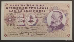 Банкнота 10 франков 1974 года Швейцария UNC